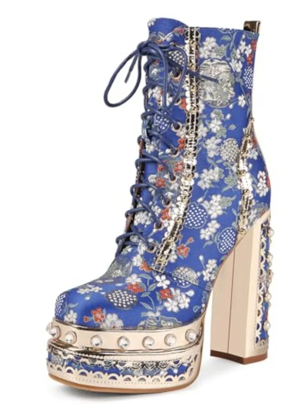 Cowgirl Block Heel Ankle Platform Boots Embroidered Fabric Gemstones Dress